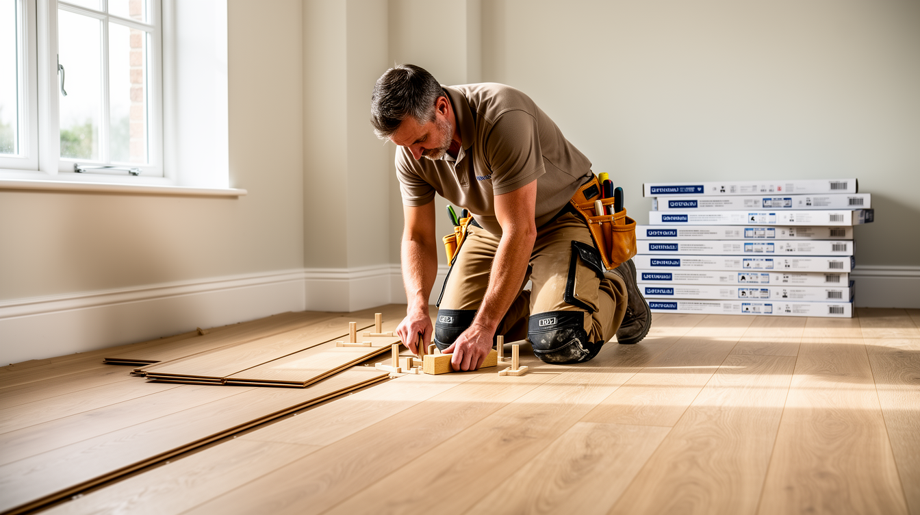 Carpenter installing engineered oak floor